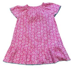 Boden Girls Pink Floral Cotton Poplin Dress Turquoise Bobble Trim Ruffles 5-6